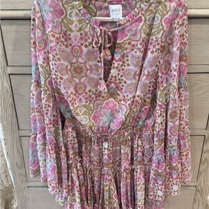 MISA Los Angeles Pink Multi Floral Tie-Front Peasant Tunic